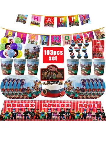 Roblox Birthday Party Decoration Roblox Game Set Tableware Tablecloth Balloon Cake Topper Backdrop Baby Showe Toy Party Supplies