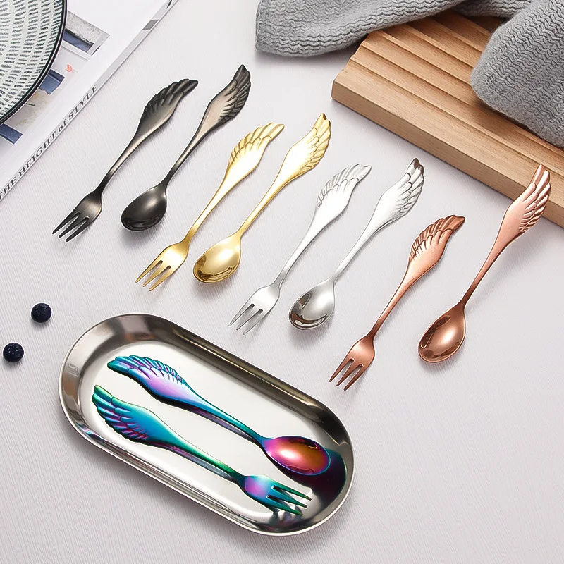 

Creative Stainless Steel Cutlery Wings Spoon Fork Dessert Coffee Cake Spoon Fork Stirring Tea Spoon Fruit Fork Set Gift Box Set