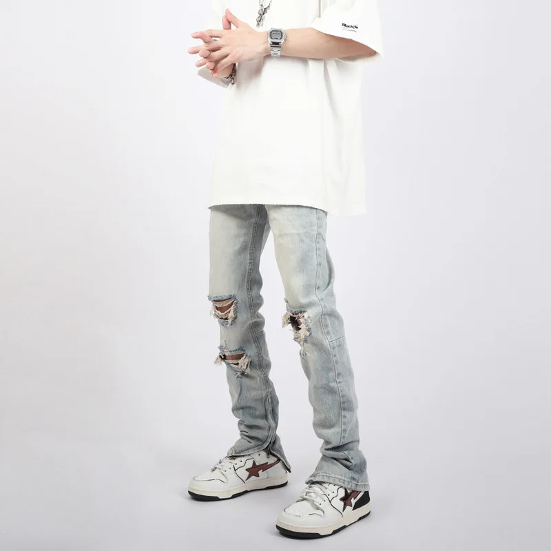 Streetwear Mannen Jeans Gewassen Lichtblauw Micro-Elastische Slanke Gaten Vrouwen Zomer Dunne Potlood Broek Volledige Lengte Denim Broek