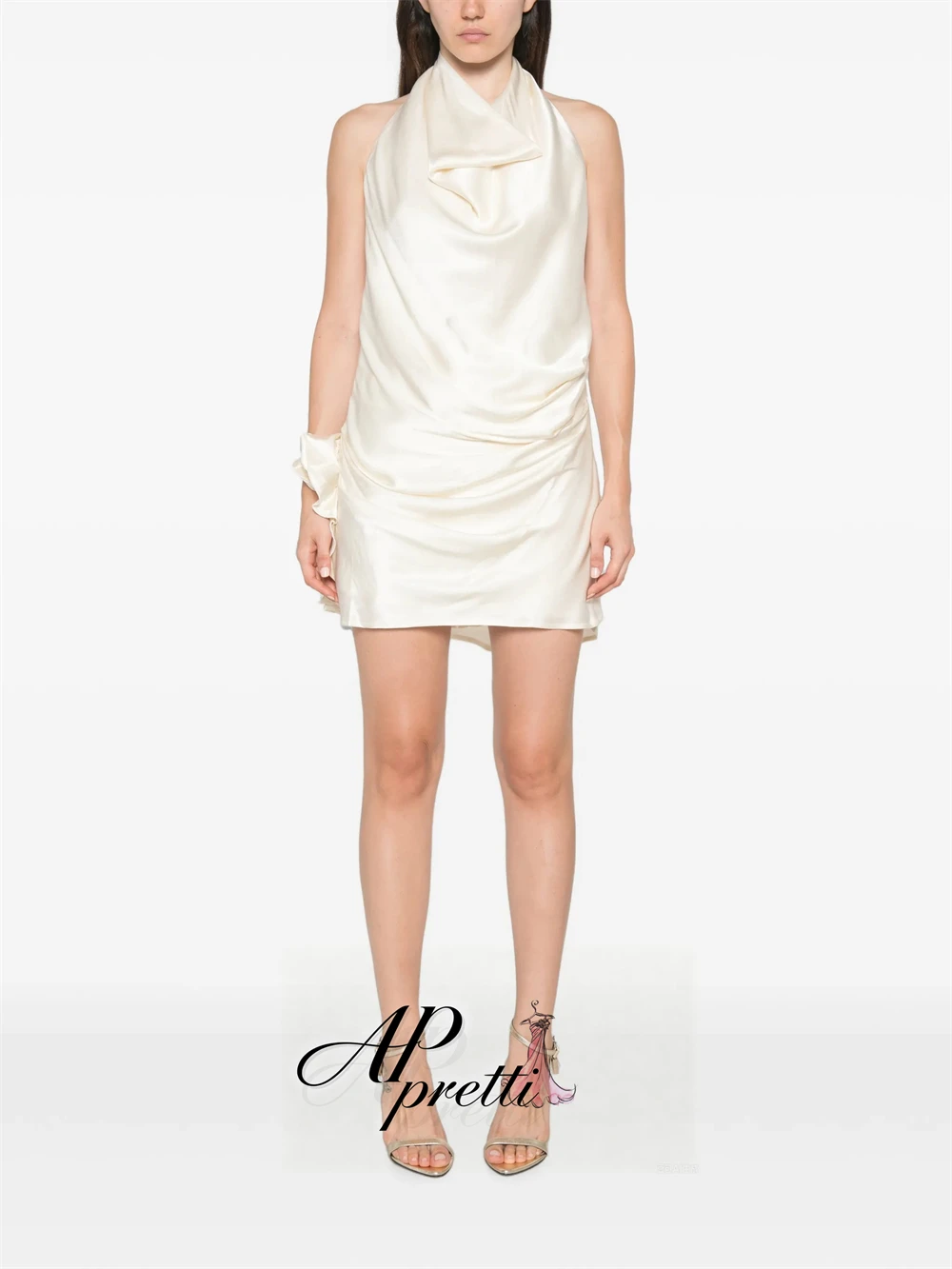 AP pretti Simple Ivory Halter Neck Mini Evening Dress Customized Satin Backless Ruched Side 3D Floral Party Gown Prom Dress 2027