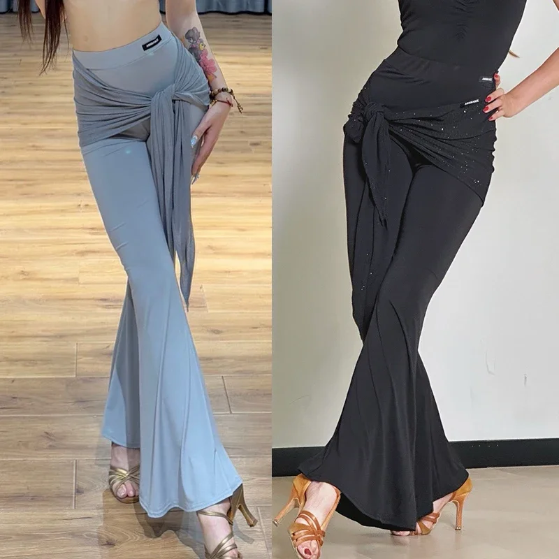 

Latin Dance Pants For Women Latin Dance bell-bottoms Ballroom Dance Competition Clothes Practice Trousers With Hip towel