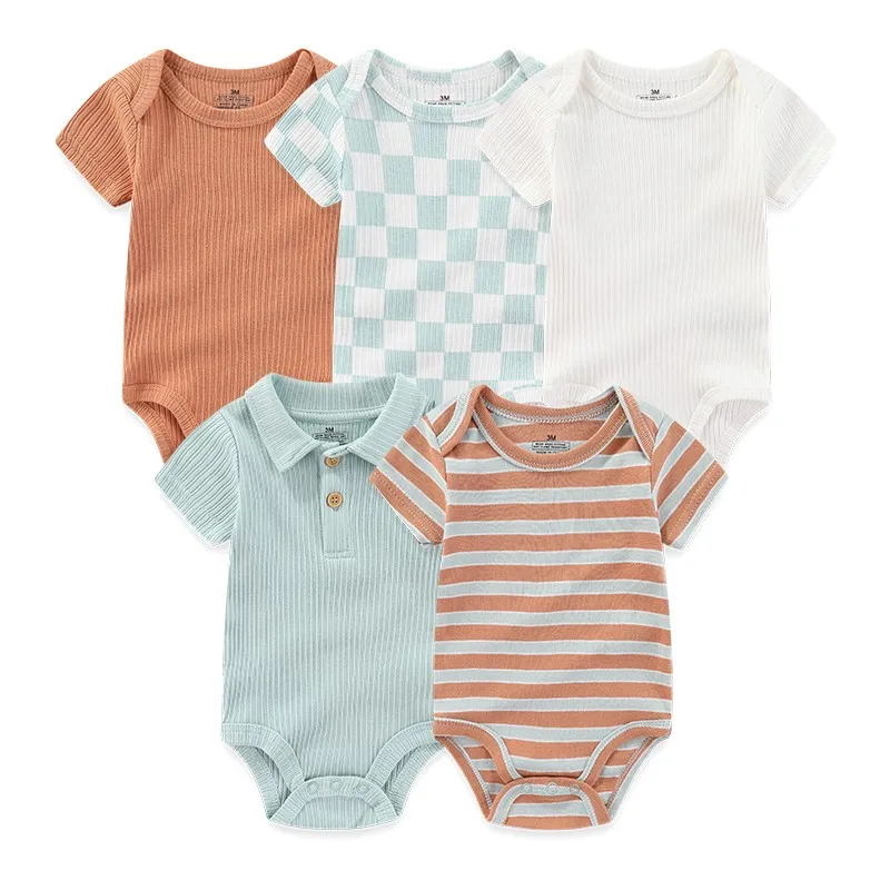 Cute Baby Bodysuits 5-Piece Set 100%Cotton Newborn Boy Girl Jumpsuits Short Sleeve Infant Clothes