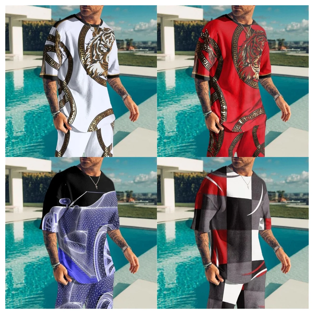 

Летняя футболка, шорты, спортивный костюм, комплект из двух предметов, спортивный костюм с принтом белого тигра, повседневные комплекты большого размера, уличная мужская одежда