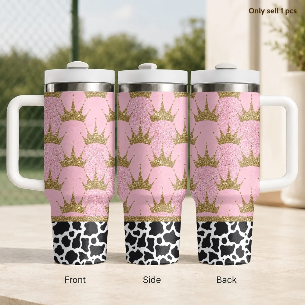 Cowhide Crown Print Vacuum Flasks 40oz Stainless Steel Travel Tumbler with Handle Straw Lid Double Wall Vacuum Insulated
