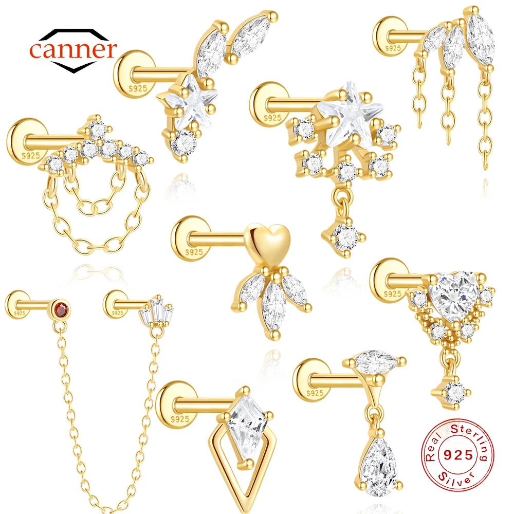 CANNER 1PC 925 Sterling Silver Tassel Horse Eye Geometric Zircon Flat Head Thread Piercing Earring For Women Ins Love Earring