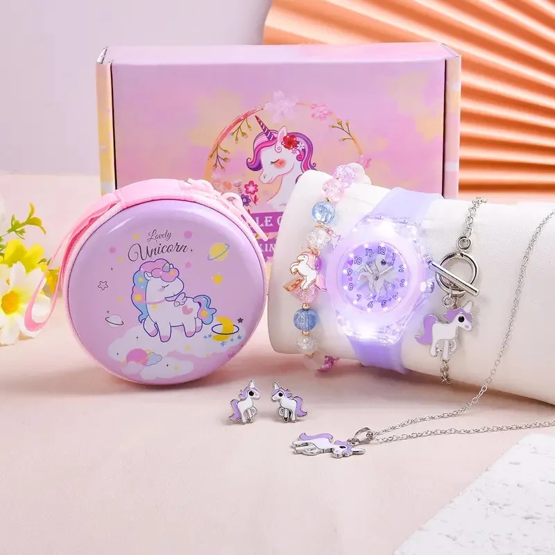 Fashion Exquisite Luminous Unicorn Series Silicone Watch + Unicorn Bracelet Set