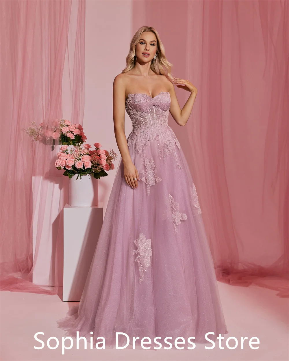 

Customized Temperament Purple Tulle Celebrity Gowns Exquisite Strapless Appliques Pearls Tiered Zipper Back Vestido De Festa