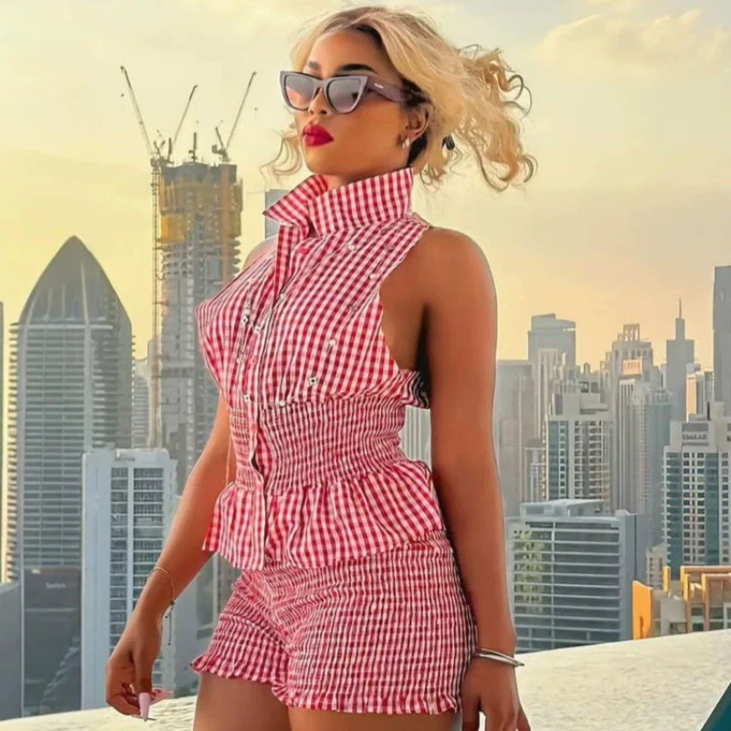 New African Fashion Women Two Piece Set Pink Plaid Printed Sleeveless Ruffles Shirt Top And Shorts Set