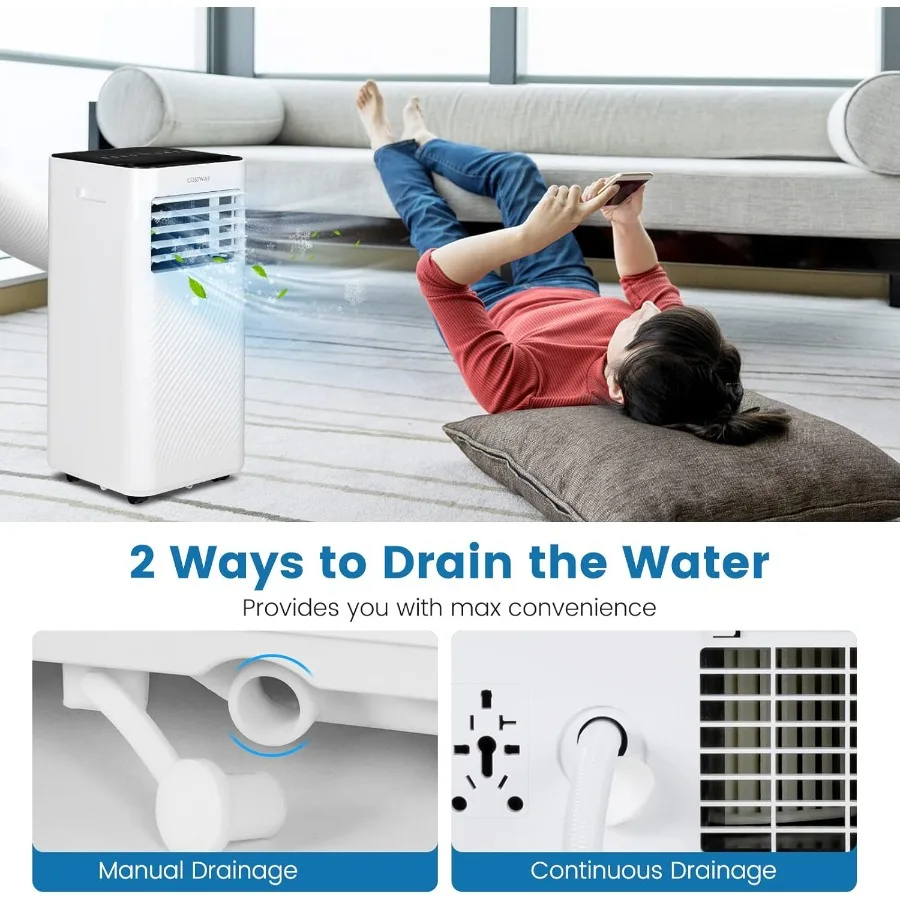 مكيف هواء محمول وحدة تيار متردد 10000 وحدة حرارية بريطانية مع وضع النوم مزيل الرطوبة بمروحة باردة للغرف حتى 350 قدم مربع تتضمن مؤقتًا 24 ساعة C