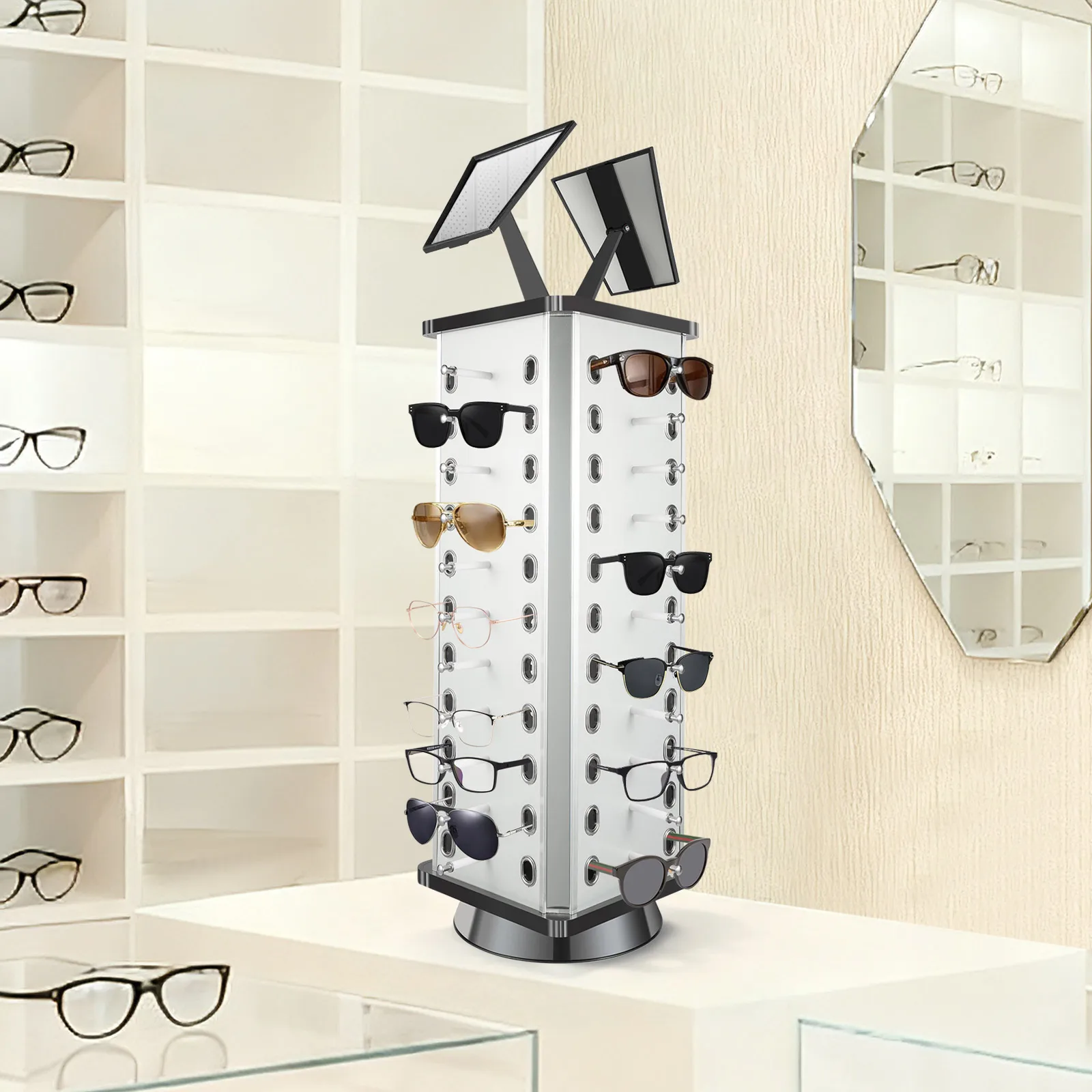 

Eyeglasses Display Stand Sunglasses Organizer 44 Pairs Square Low Profile Rack with 6cm Spacing for Store Counter Retail