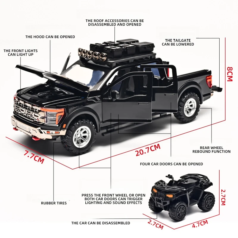 

1:24Alloy Off-Road Truck F-150 Tabletop Ornament with Off-Road Motorcycle Model Toy Giveaway Sound Light Effects Boy Collection