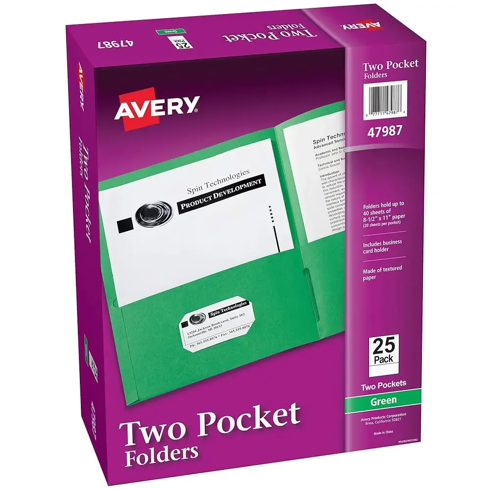 

Two Pocket Folders, Holds up to 40 Sheets, Business Card Slot, 25 Green Folders (47987)