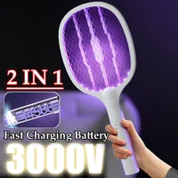 Handheld Electric Fly Swatter 3000V Bug Zapper Racket 2 in 1 Fly Swatter with USB Rechargeable Mosquito Killer Lamp Pest Control