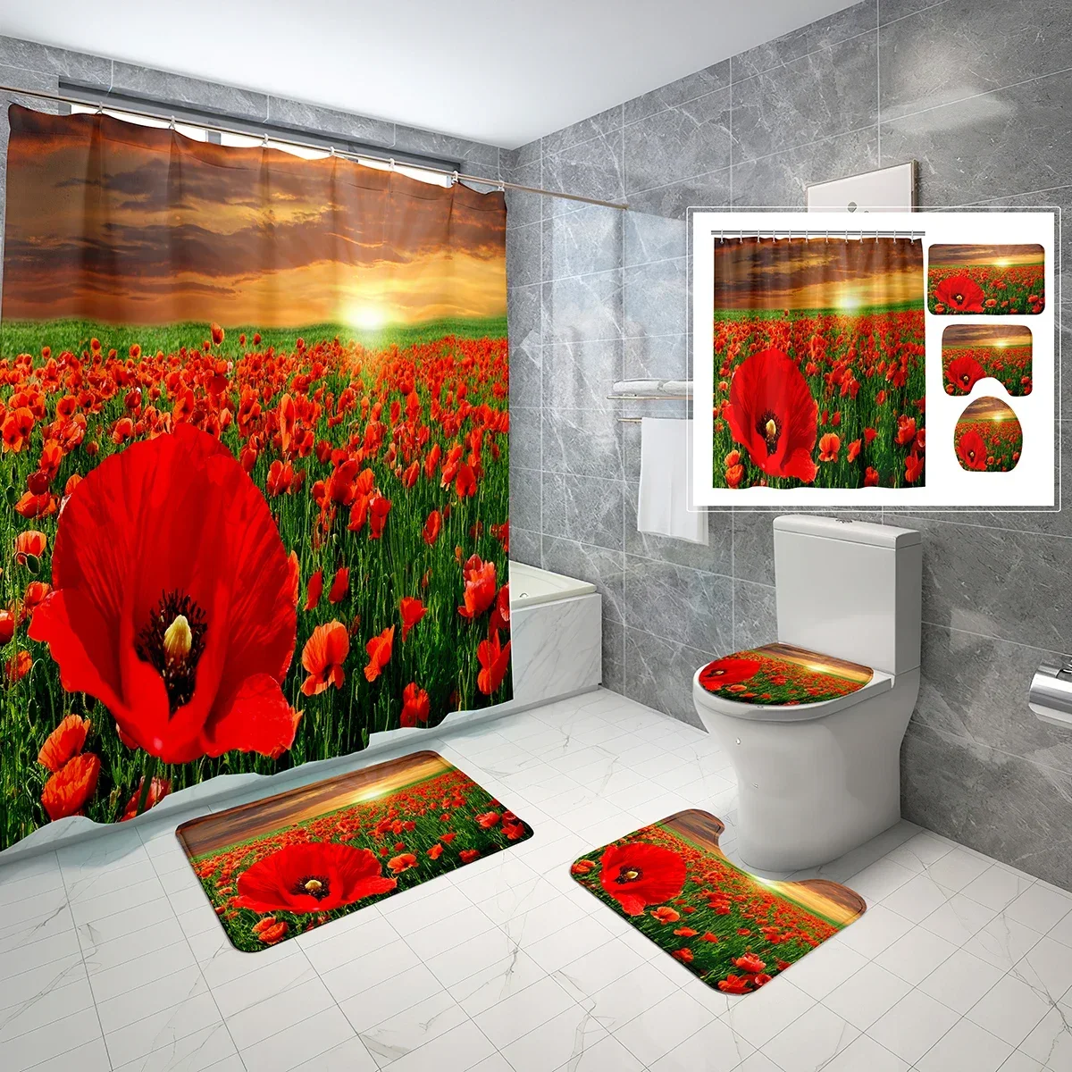 4 Pcs Poppy Flower Shower Curtain Sets Nature Sunset Clouds Sky Non-Slip Bath Mat Toilet Cover Waterproof Shower Curtain Set