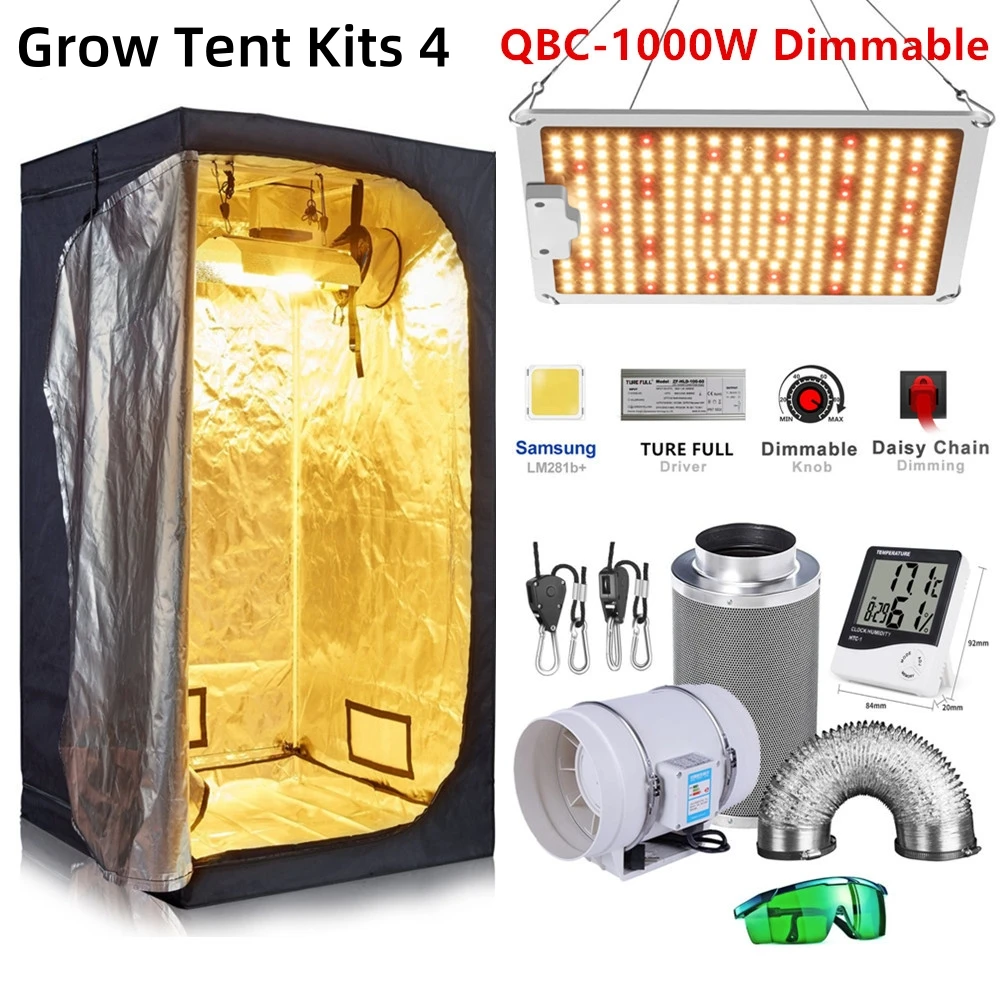Hydroponisches Wachstumssystem, Wachstumszelt-Set, Growbox, 1000 W, Vollspektrum-LED-Wachstumslicht, 4-Zoll-Kanalventilatoren, Kohlefilter für Pflanzenwachstum