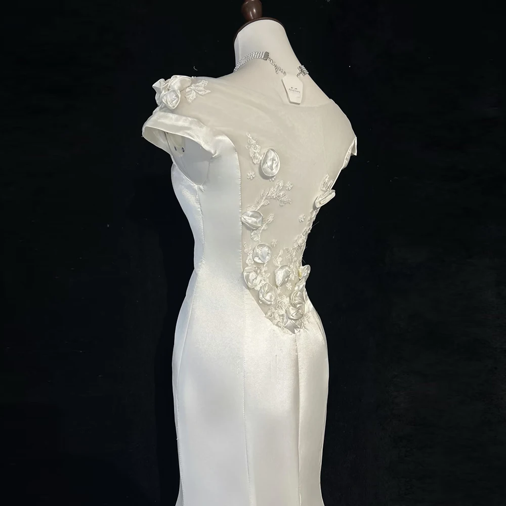 Robe de soirée de forme sirène, élégante, Vintage, fleurs 3D, blanche, manches courtes, dos nu, coupe cintrée, pour Banquet de mariage, Cocktail