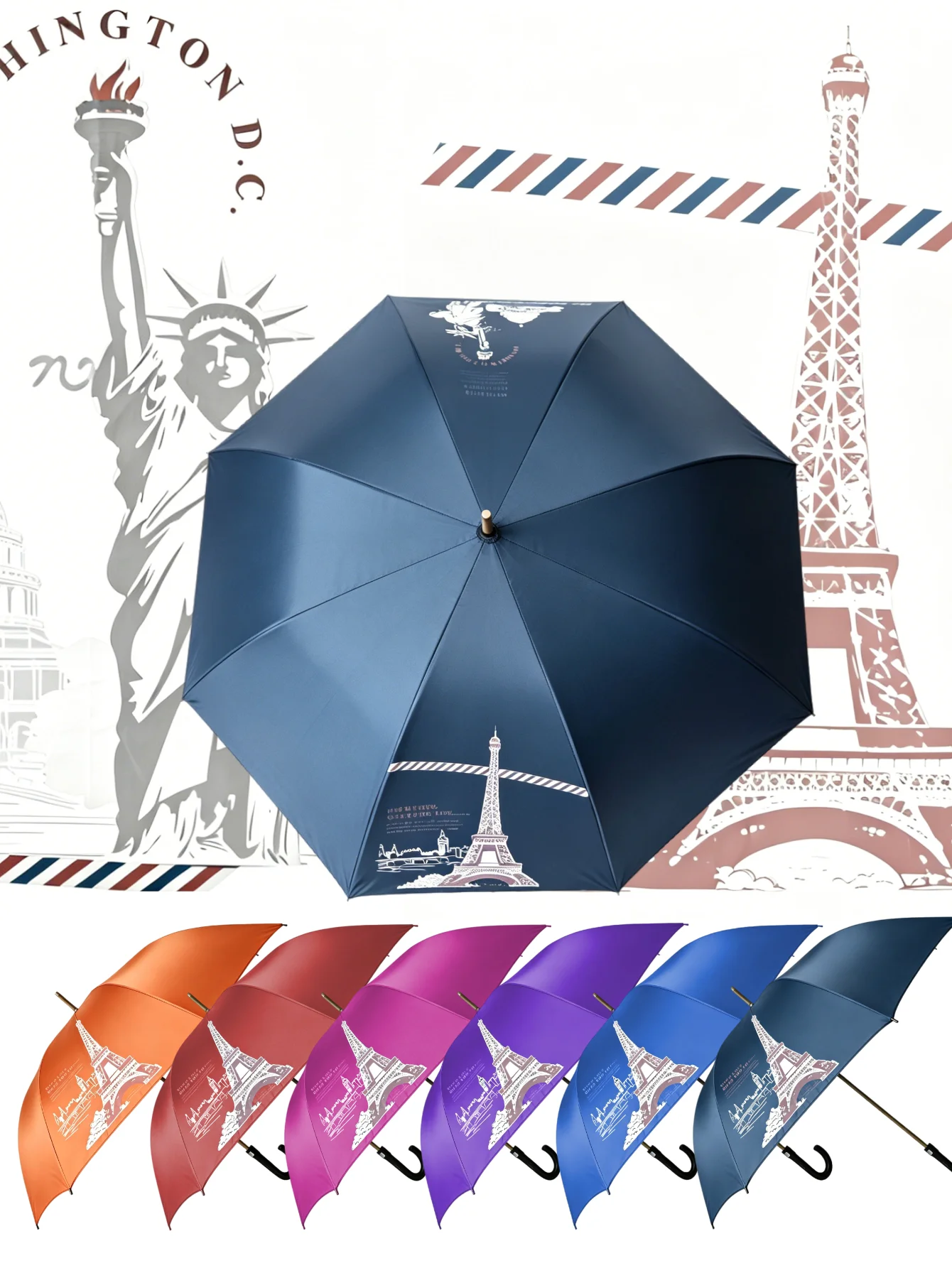 Eiffel Tower Statue of Liberty Long Handle Umbrella Reinforced Windproof Strong, Arc 137cm Large Golf Parasol Sun Rain Business