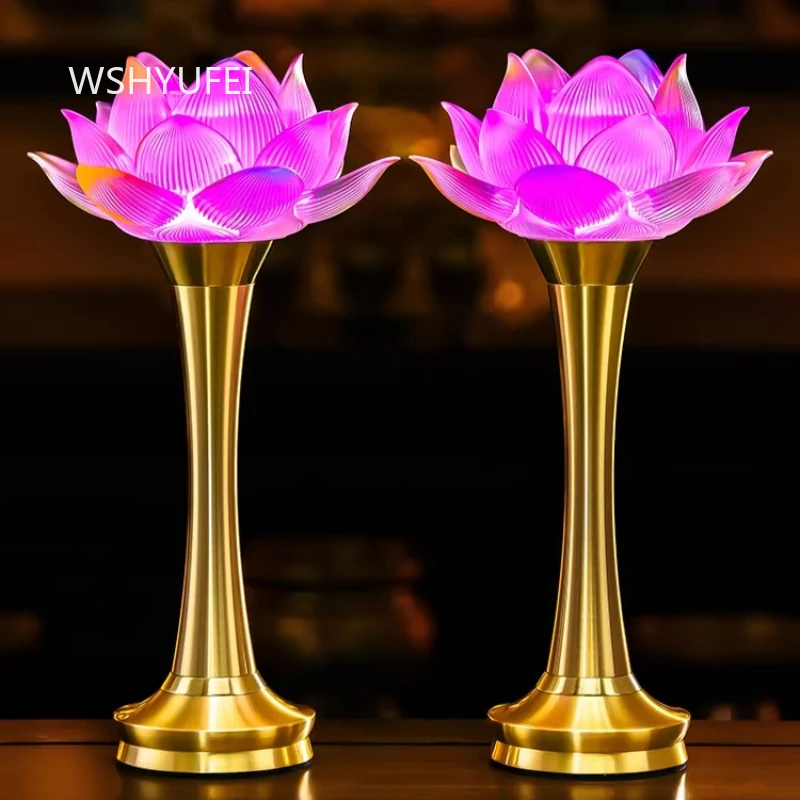2pcs Glass LED Lotus Lamp Colorful Offering of Ever Burning Lamps Plug in Buddhist Hall Decoration Religious Ornaments Crafts