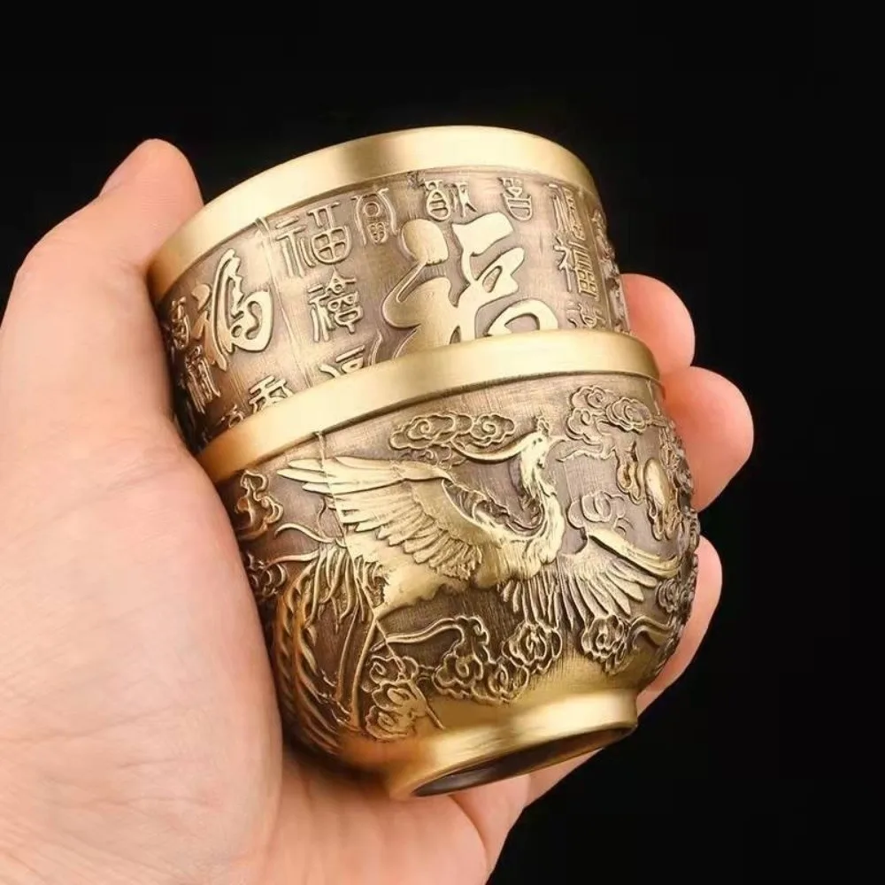Vintage Retro Dragon Phoenix Cup Traditional Gold Hundred Blessings Cup Feng Shui Desktop Ornament Millet Cylinder Office Desk