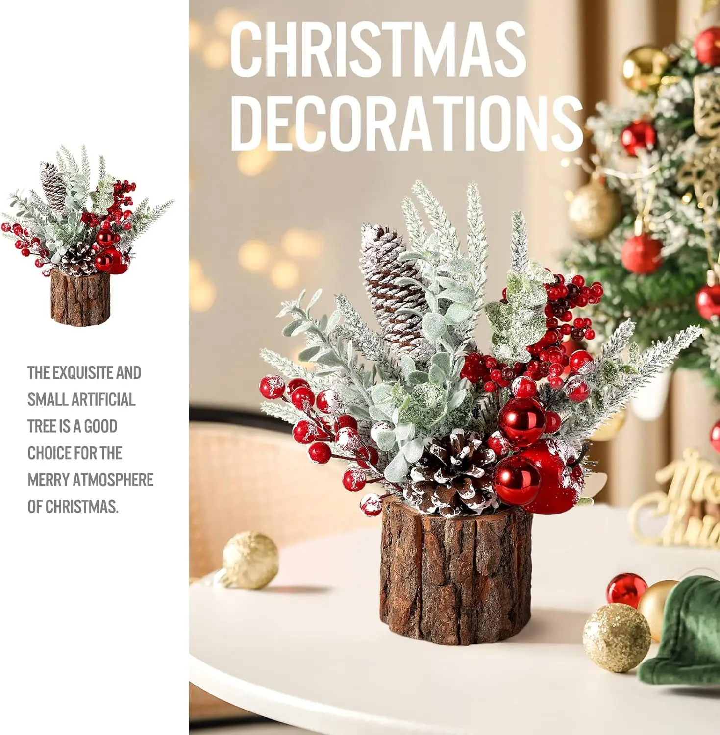 Small Christmas Tree with Christmas Ornaments Pine Cone Berry Tabletop Christmas Tree for Home Room Party Winter Indoor Outdoor