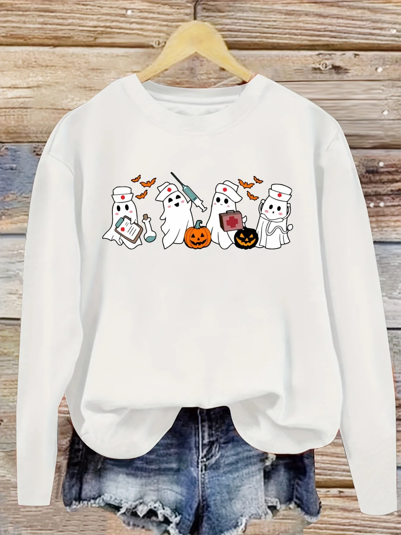 Women's Casual Long Sleeve Crew Neck T-Shirt Cute Ghost Nurse Halloween Print Design, Round Neck Women's Clothing, Machine Washable, Slightly Elastic, Loose Fit, Spring Autumn Winter Women's T-Shirt, Halloween Costume Outfit view 5