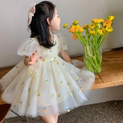 1-6T Children Girls Summer Dress Puff Short Sleeve Flower Mesh Princess Dress Birthday Party Wedding Elegant All Match Vestidos