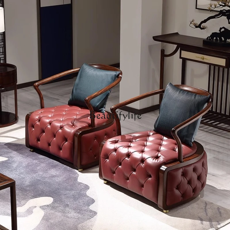 

New Chinese ebony leisure chair solid wood balcony leather light luxury sofa chair living room furniture