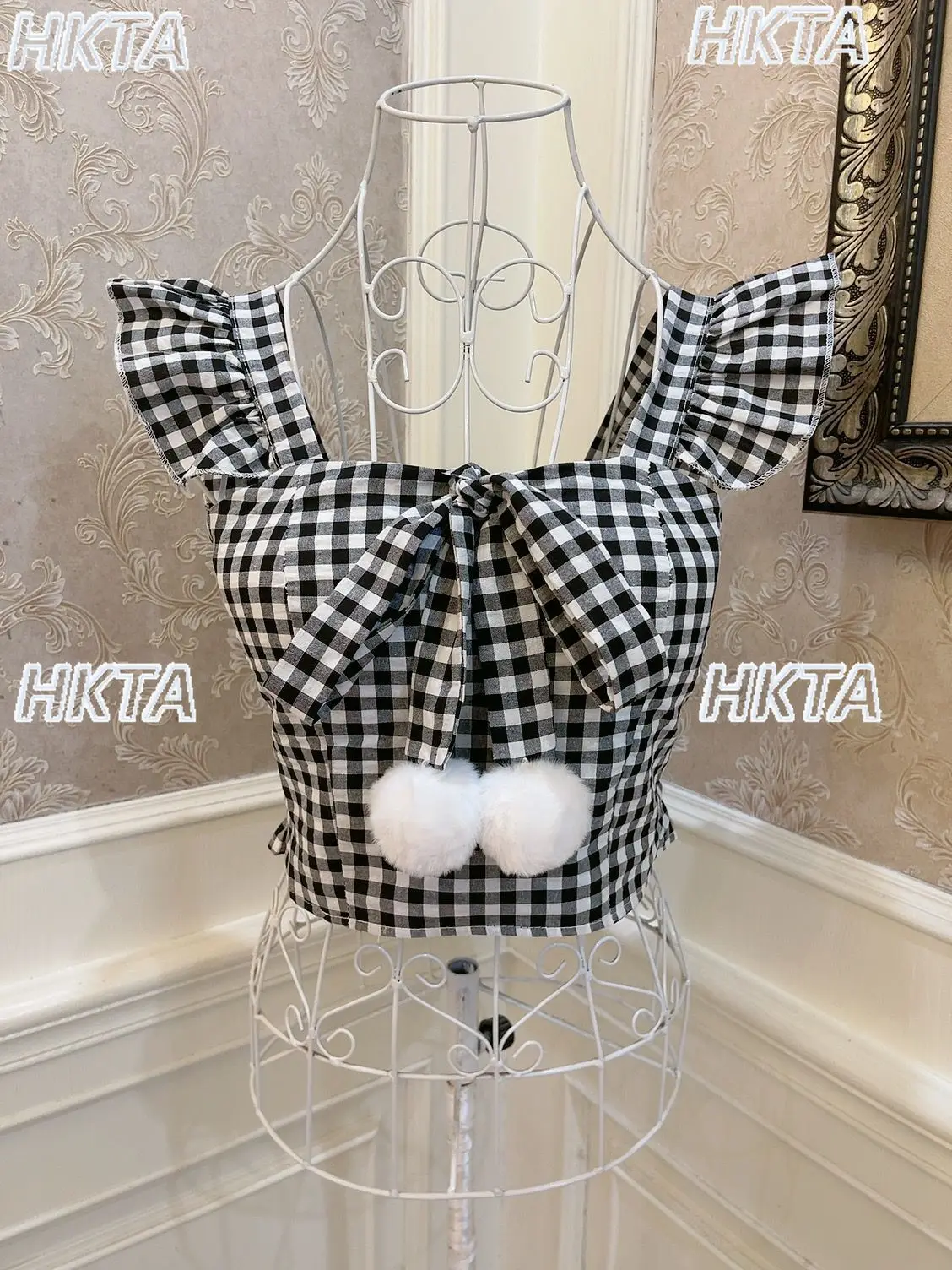 

Sweet Plaid Flying Sleeves Square Neck Bow Straps Hairball Slim Crop Tops Summer News with Chest Pads Blue Suspenders Vest Women