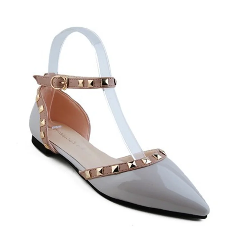 Women Rivets Flats Shoes Size 46 48 Stilettos Wide Fits Tender Soft Shiny Leather Sandals Elegant String Gold Studs Buckle Strap