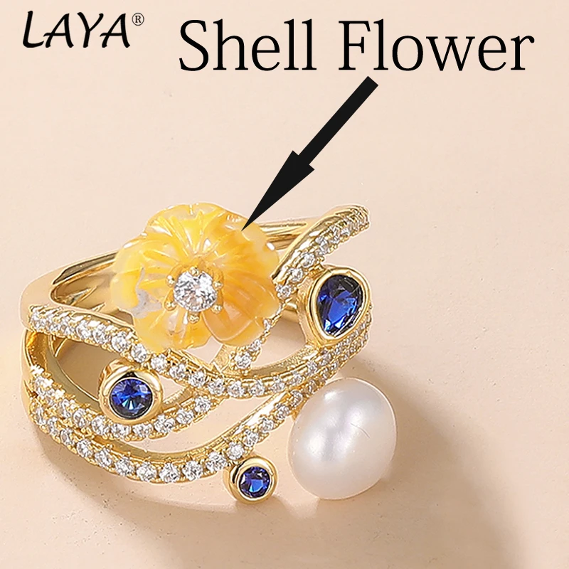 LAYA 925 Sterling Silver White Freshwater Bread Beads Fashion Natural Shell Flower New Ring Sapphire Zircon For Wedding Jewelry