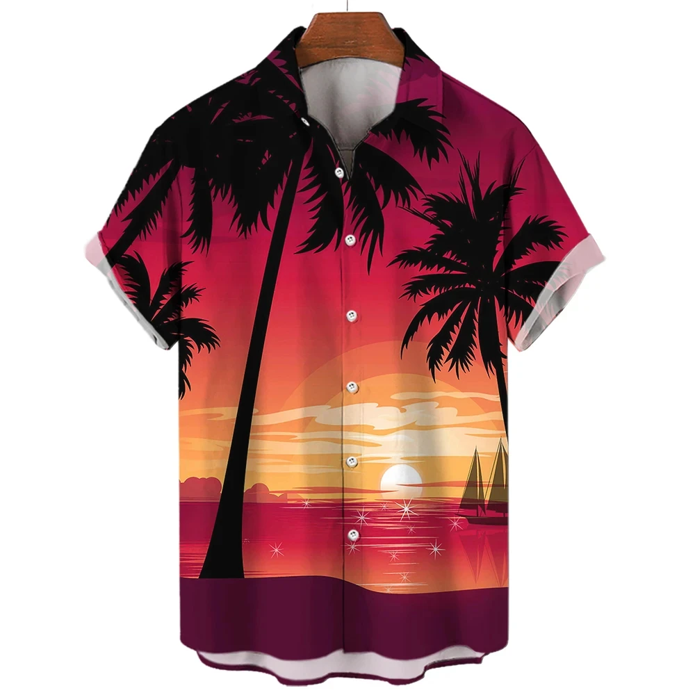 Men's Women's Button Summer Seaside Sunset Palm Tree Print Short Sleeve Shirt Fashion Shirt Short Sleeve Top