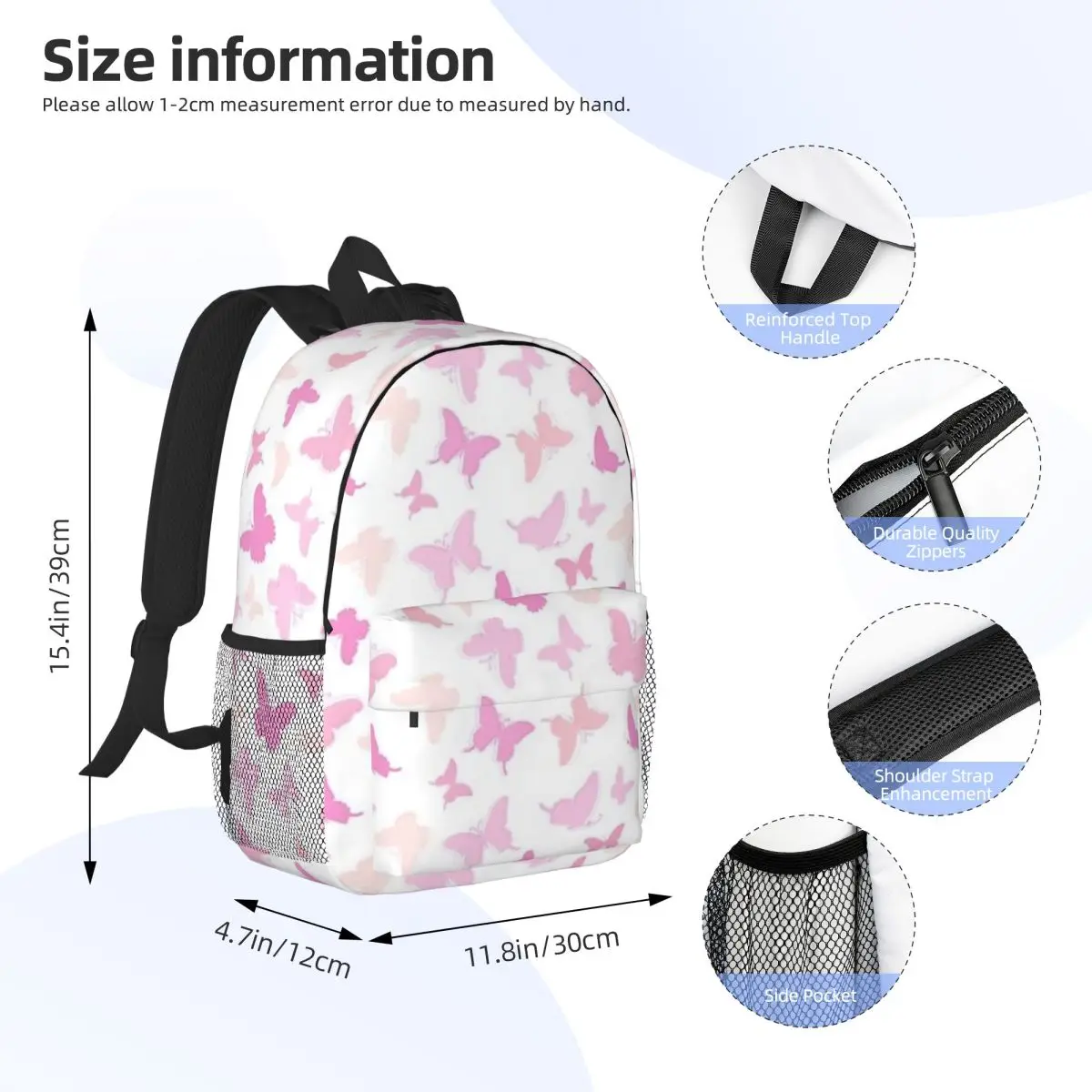 Mochila fofa com padrão de borboleta para meninos e meninas, mochila de estudante de grande capacidade, leve, à prova d'água, 15 polegadas