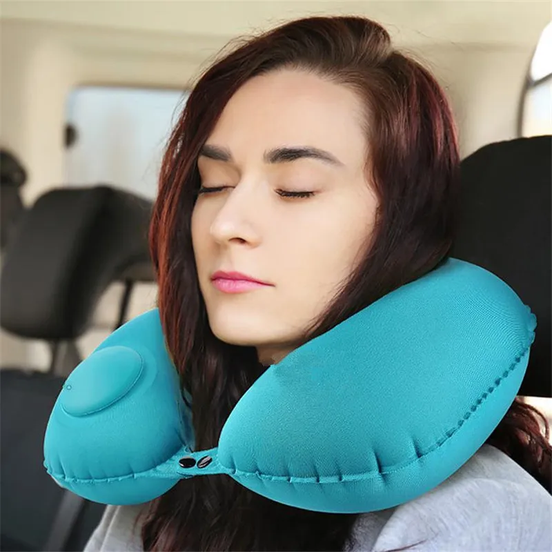 

Green Foldable U-Shape Travel Pillow Automatic Air Inflatable Airplane Pillows Ring Pillow Press Type Bed Pillows Neck Cushion
