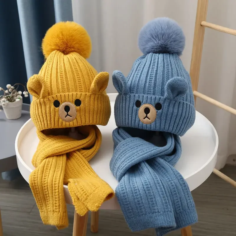 Conjunto de gorro y bufanda cálido para niños, gorro de ganchillo de oso de dibujos animados de estilo europeo para niño pequeño y niña, conjunto de