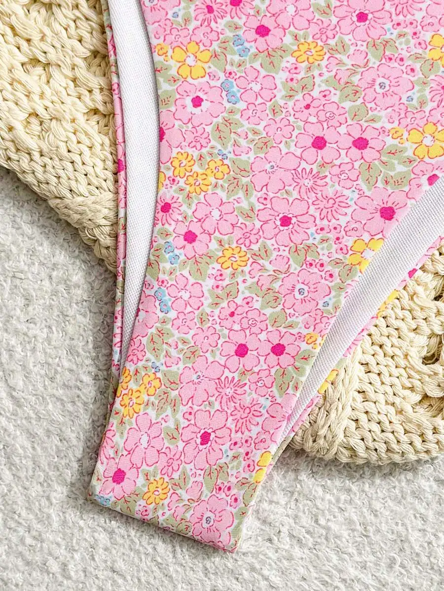 

Backless Tie Strap Bikini Set With Ditsy Floral Print For Women