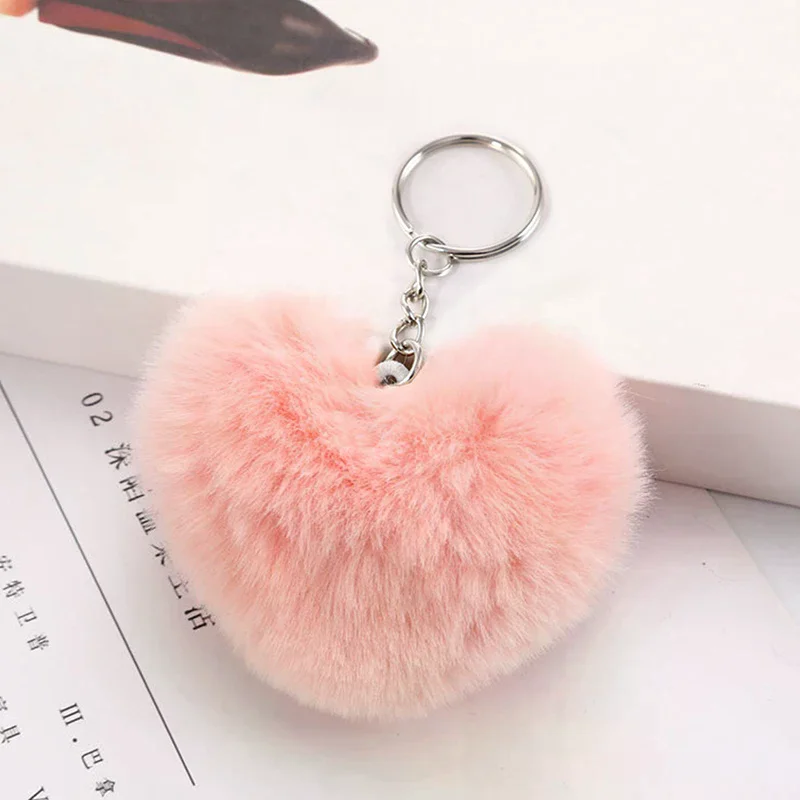 New 8CM Fluffy pompom Keychain Gifts for Women Soft Heart Shape Pompon Fake Rabbit Key Chain Ball Car Bag Accessories Key Ring