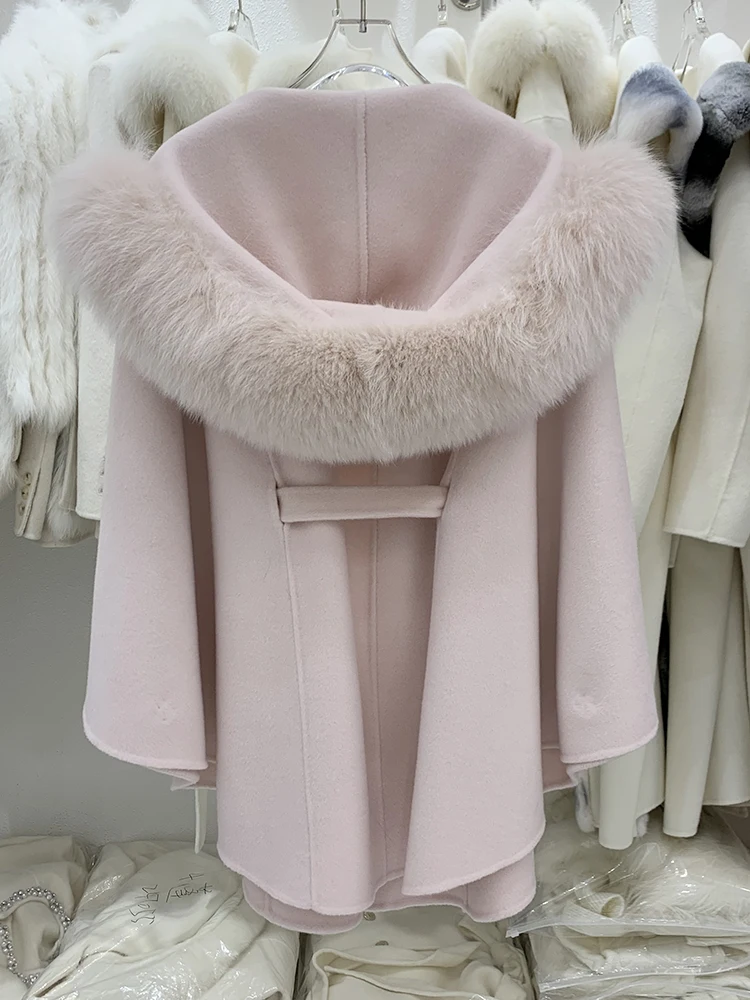 Polsini con collo in vera pelliccia di volpe cappotto allentato cintura Streetwear 2023 lana Cashmere miscele giacca invernale donna naturale spessa calda