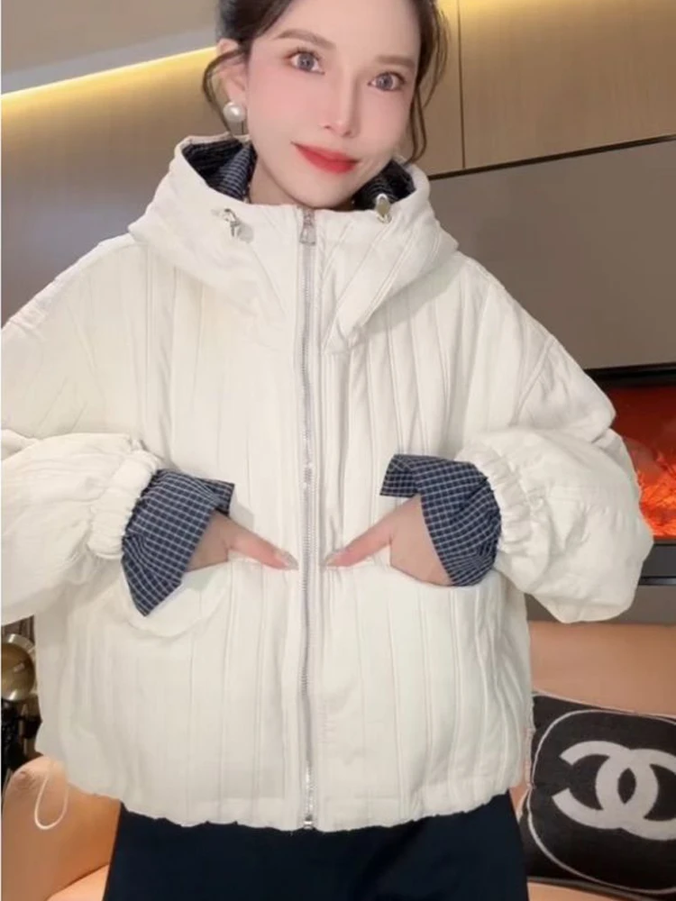 

Женская повседневная хлопковая куртка на молнии, осенняя однотонная свободная короткая стильная легкая верхняя одежда с капюшоном в полоску в стиле ретро