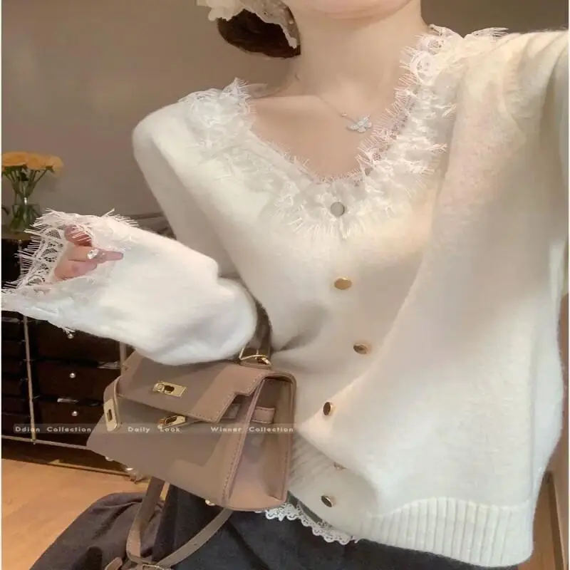 

Lace Trim V Neck Knit Tops Women Autumn Winter Pure Wear Cozy Casual Shirt Cute Kawaii Pullover Soft Sexy Sweater