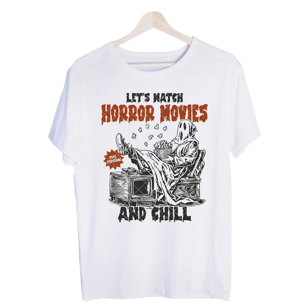 Men's Ghost and Popcorn Graphic Tee, Short Sleeve Crew Neck T-Shirt for Horror Movie Night and Casual Wear