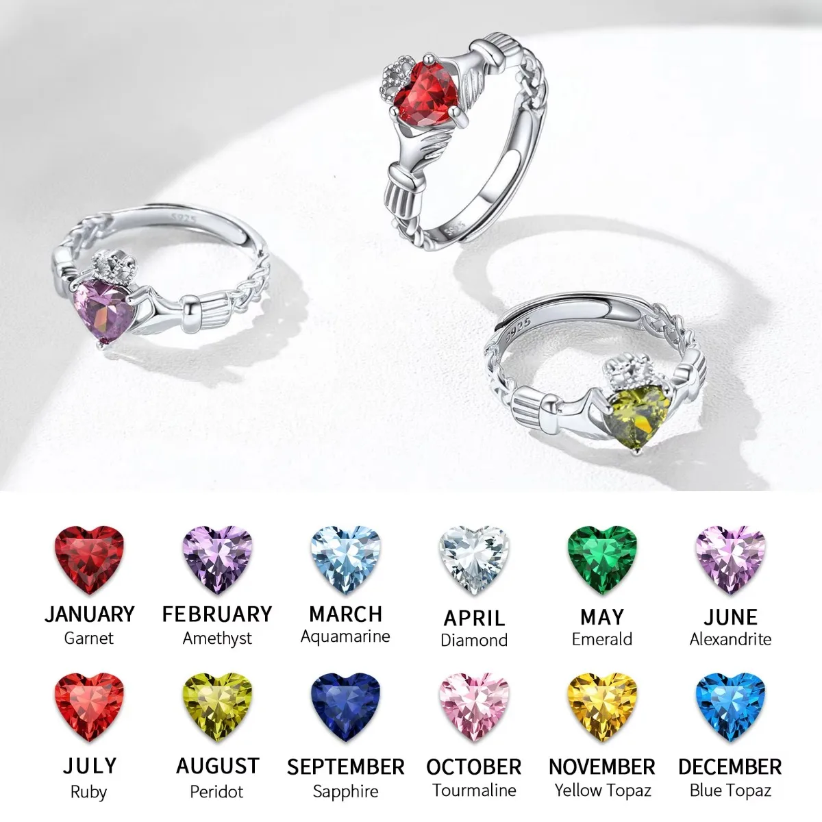 U7 3mm 925 Anelli Claddagh in argento con pietre portafortuna a cuore 6 * 9.mm Anello regolabile per donna Matrimonio Compleanno Gioielli Regalo per lei