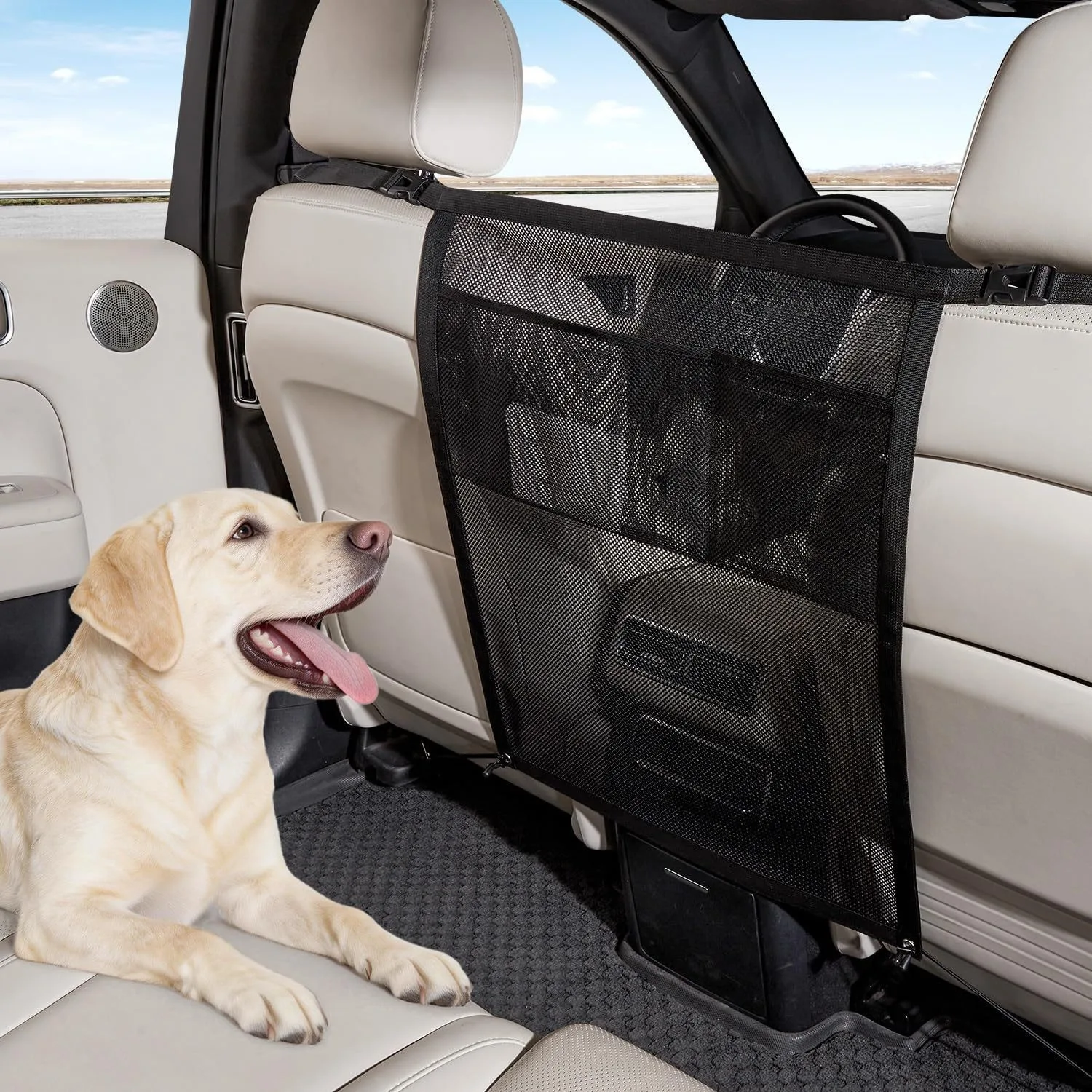pet isolation net in the back of the car, dog safety net in the car, storage bag in the car seat