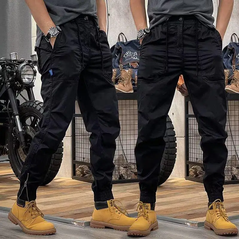 American Outdoor Sports Retro Outdoor Hip-hop Work Pants Men\'s Elastic Waist Zipper Simple Large Pocket Lace Up Casual Pants