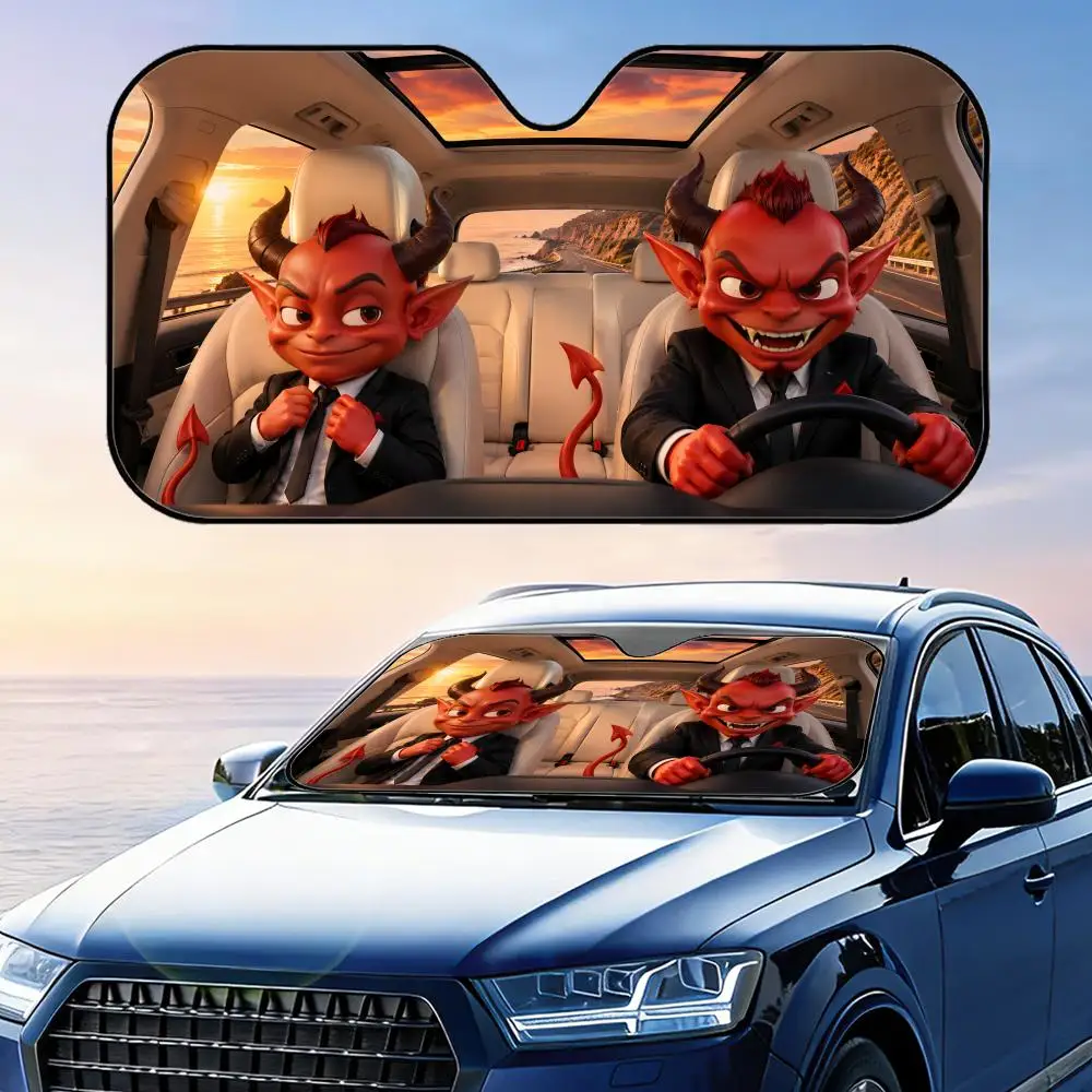 

Funny Demon in Suit Sun Visor Car Windshield Sunshade UV Protection Reflective Foldable Heat Insulation Cover