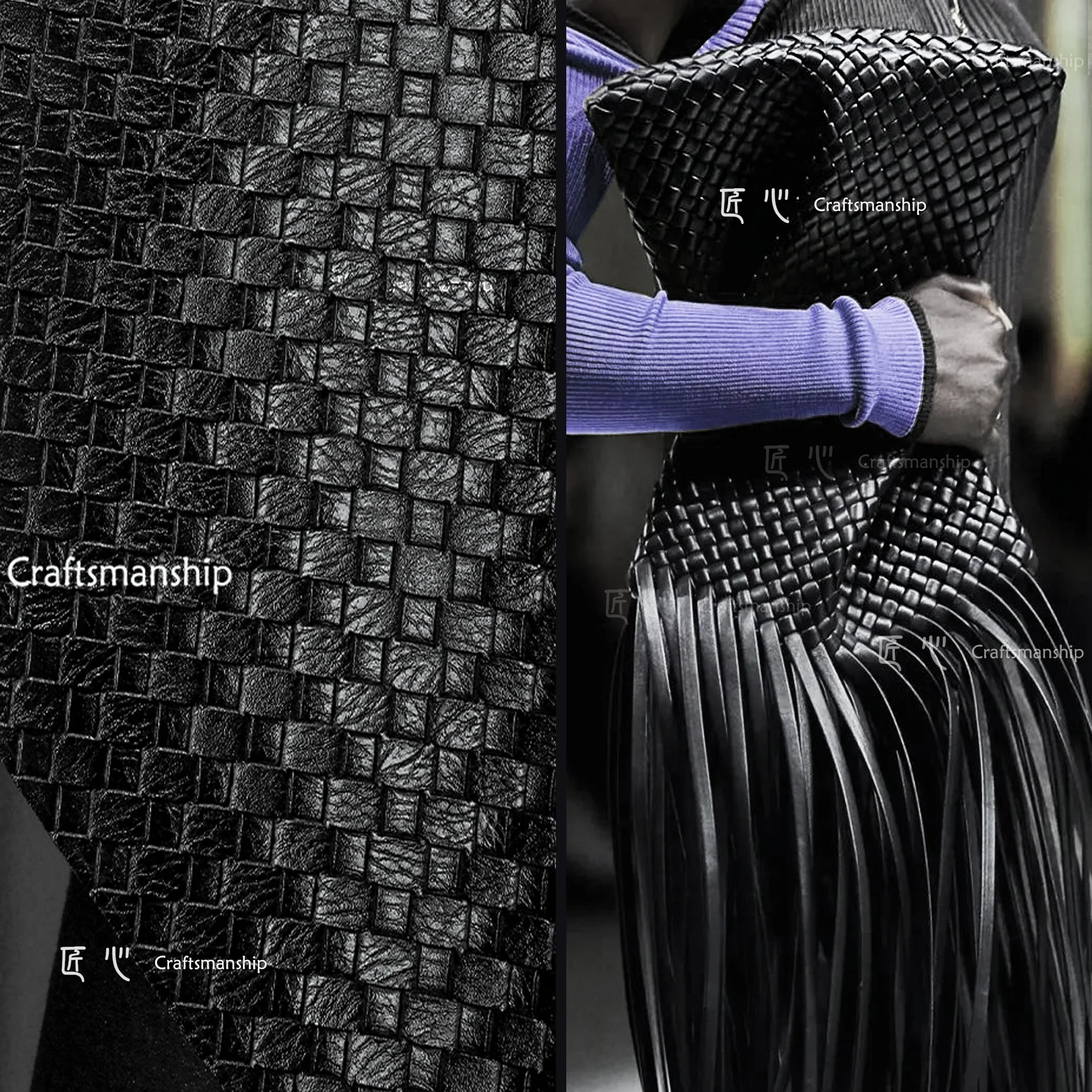 Leather Fabric Black Woven Texture Thick Stiff PU Handmade Bag Coat Creative Fashion Designer DIY Sewting Fabrics YLK