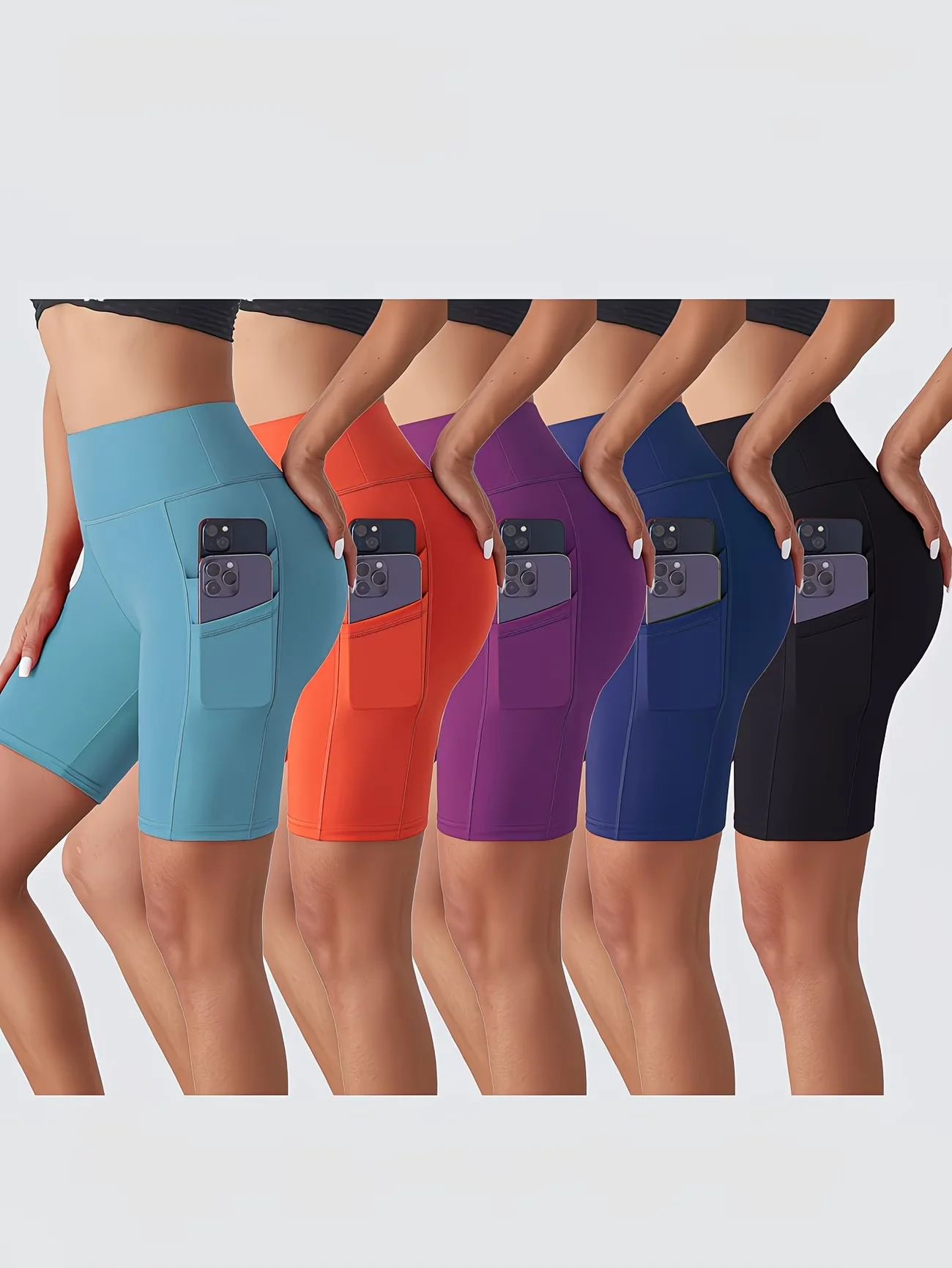 High-Waist Solid Color Yoga Shorts Abdomen Lifting Casual Sports Shorts with Double Layer Side Pockets Fashionable Streetwear