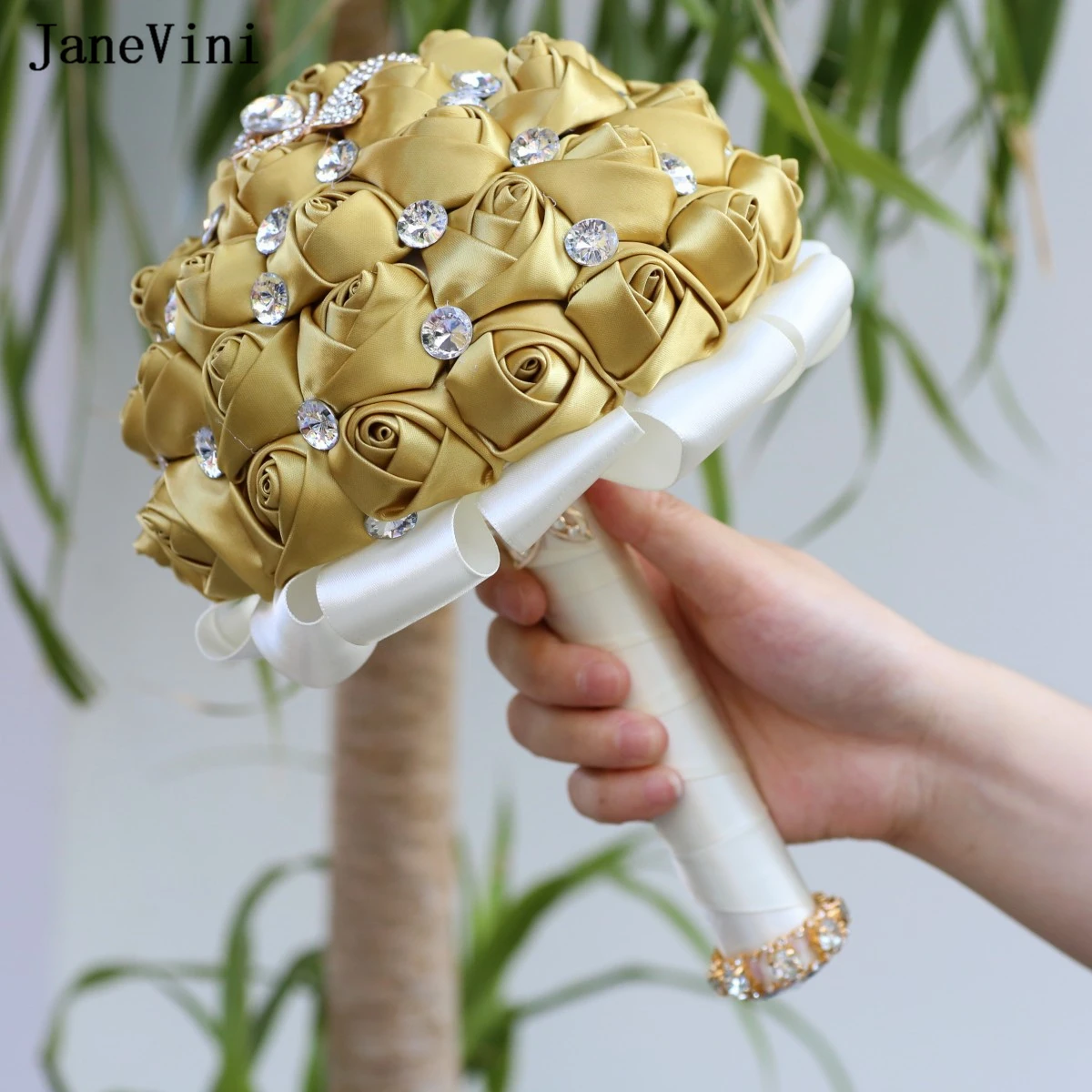 JaneVini Charming Korean Wedding Brooch Bouquets Luxury Diamond Light Gold Ribbon Flowers Artificial Bridesmaids Bridal Bouquet