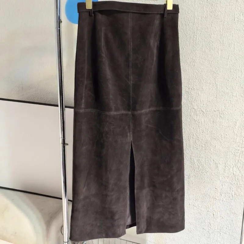 Retro Ladies Solid Color Genuine Leather Suede Long Skirts 88cm High Waist Belt Sheepskin Handmade Knee Length Skirt Vintage