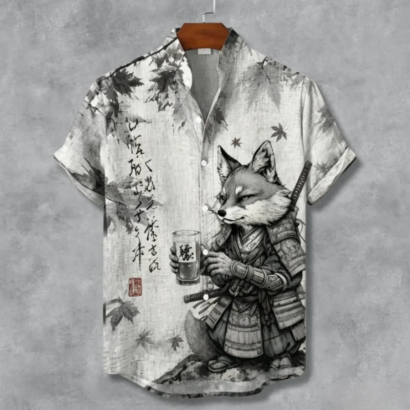 Summer Holiday Men's Shirt Vintage Ukiyo-E Samurai Fox Print Short Sleeve Stand Collar Button Down Casual Hawaiian Tops Tunics