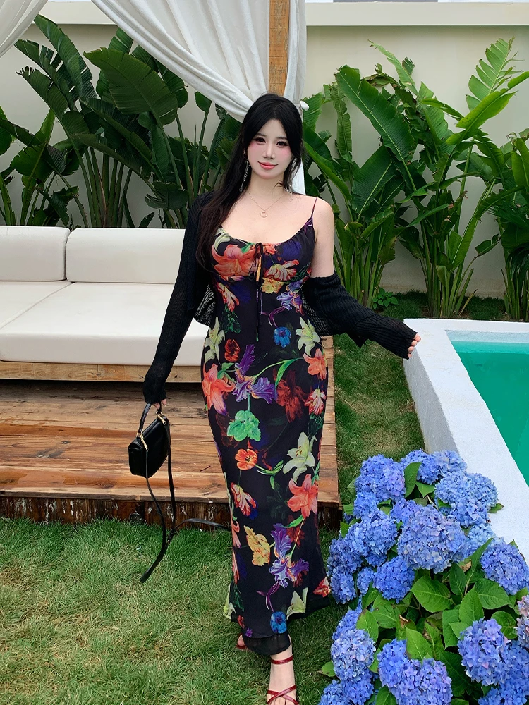 

Пляжное макси-платье с цветочным принтом для полных женщин: облегающее, с завышенной талией, без рукавов, для летнего отпуска